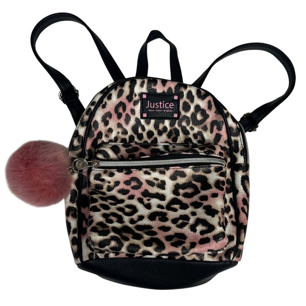 Justice Leopard Print Backpack Pom Pom Zipper‎ Closure Pink Black